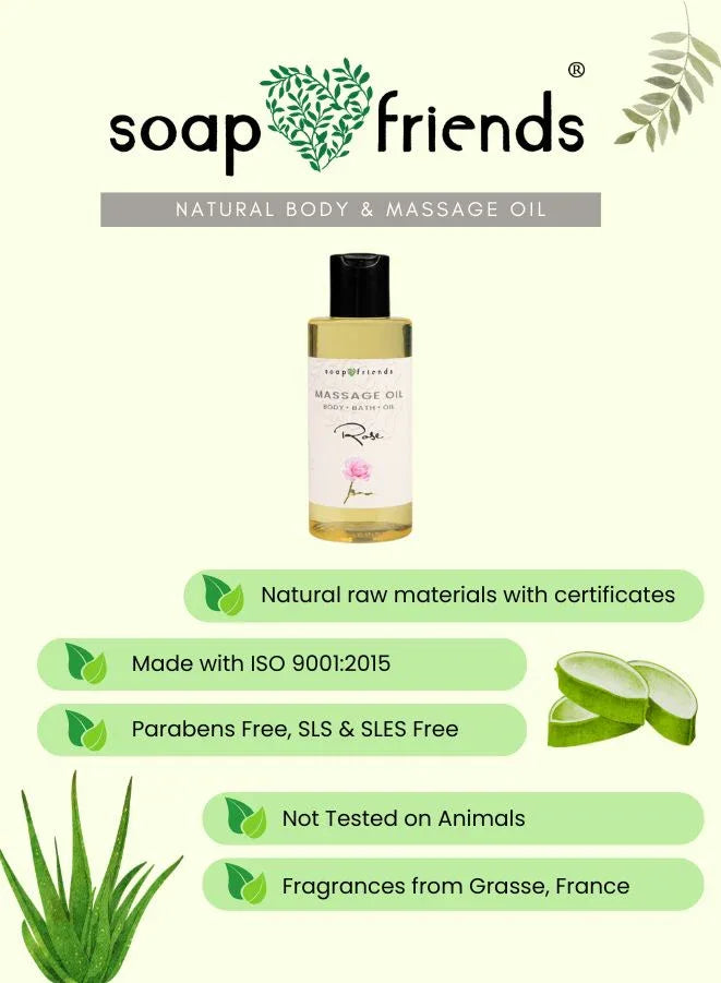 Soap & Friends natural body and massage oil bottle with product details on a green background