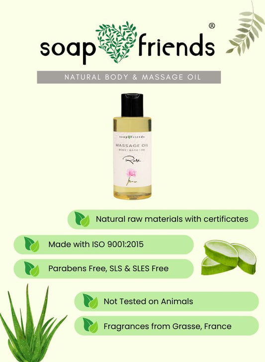 Soap & Friends natural body and massage oil bottle with product details on a green background