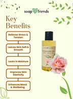 Soap & Friends massage oil bottle with key benefits listed on a light green background