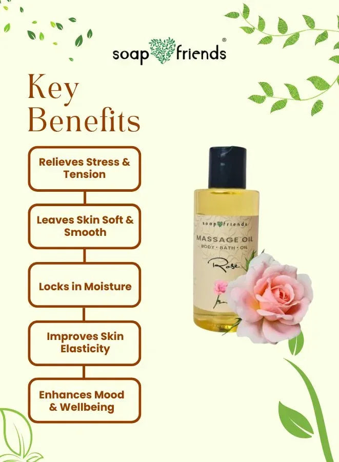Soap & Friends massage oil bottle with key benefits listed on a light green background