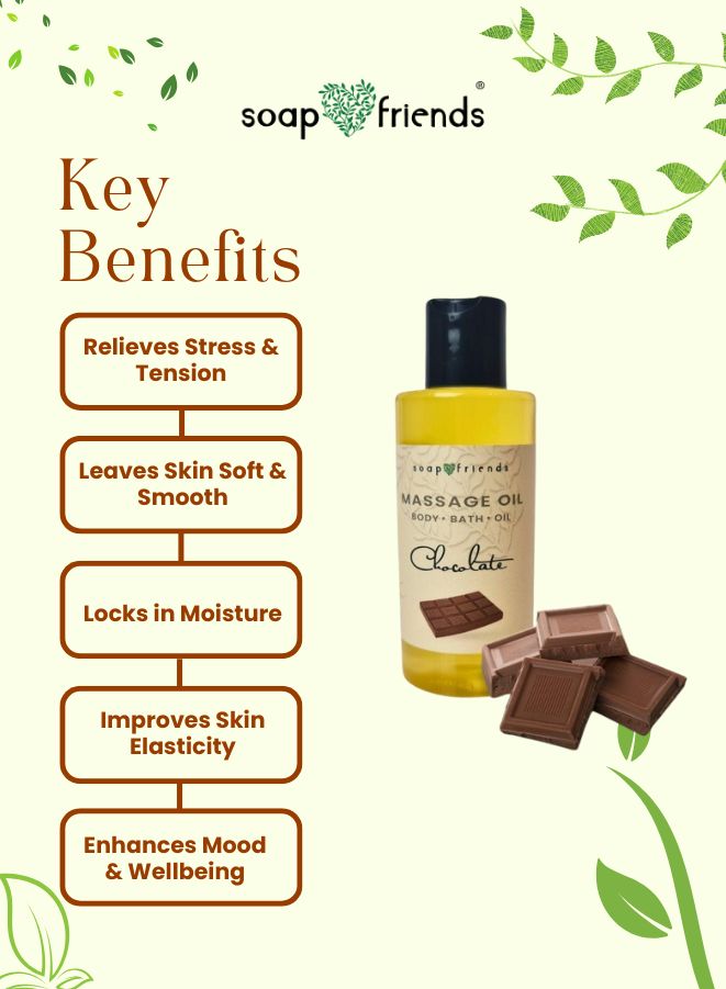 Soap & Friends massage oil bottle with key benefits listed on a green leafy background