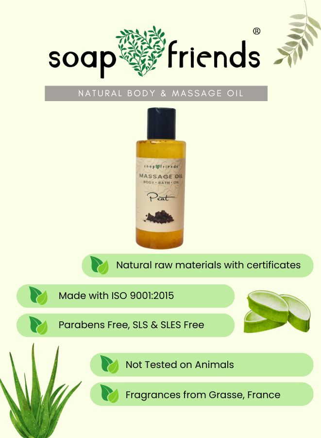 Soap & Friends natural body and massage oil bottle with product details on a light green background