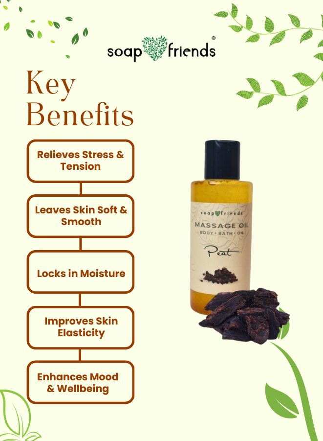 Soap & Friends massage oil with key benefits listed on a green background