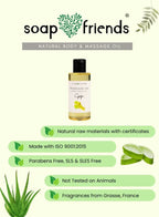 Soap & Friends natural body and massage oil bottle with product details on a green background
