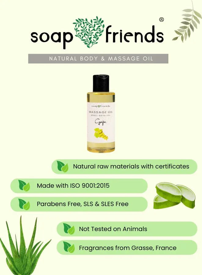 Soap & Friends natural body and massage oil bottle with product details on a green background