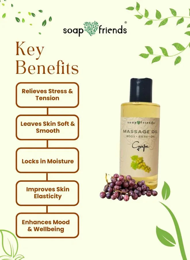 Soap & Friends massage oil bottle with key benefits listed on a white background