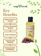 Soap & Friends massage oil bottle with key benefits listed on a white background