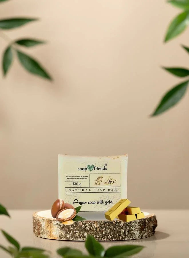 صابون الذهب بالغليسيرين العضوي وزيت الأرغان (130 جم) - مصنوع يدويًا بمستخلصات نباتية وزيوت أساسية لبشرة مرطبة ومشرقة