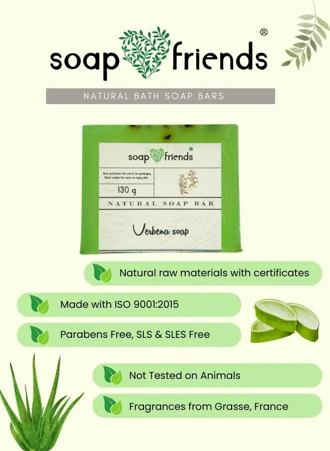 Soap Friends natural bath soap bar with product details on a light green background