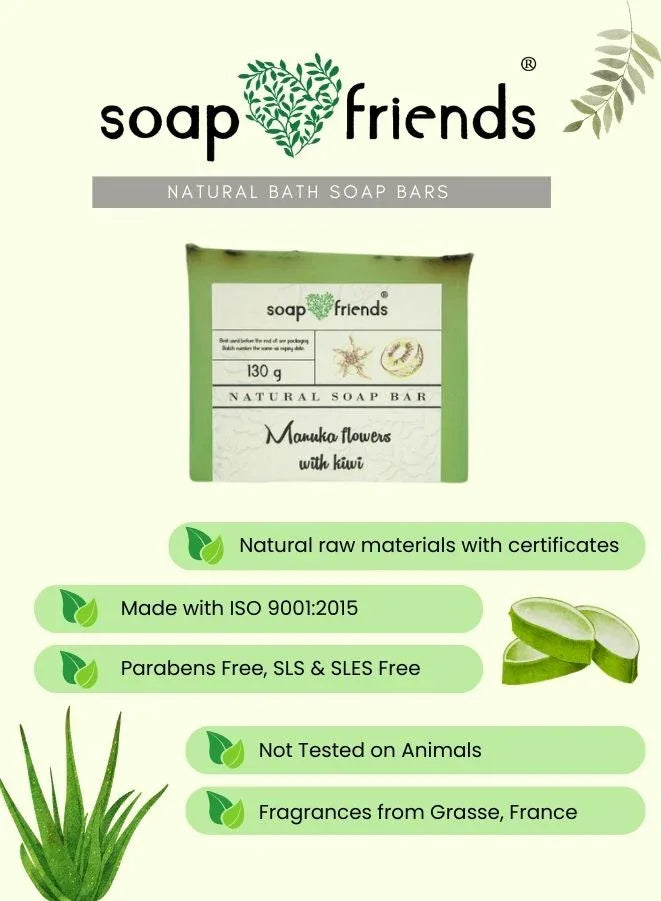 Soap Friends natural bath soap bar with product details on a light green background