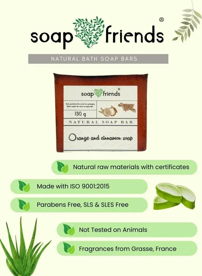 Soap Friends natural bath soap bar with product details on a light green background