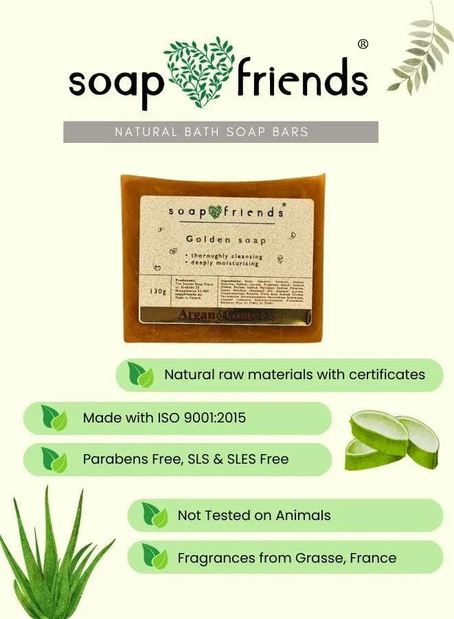 Soap bar with 'soap friends' branding on a light green background