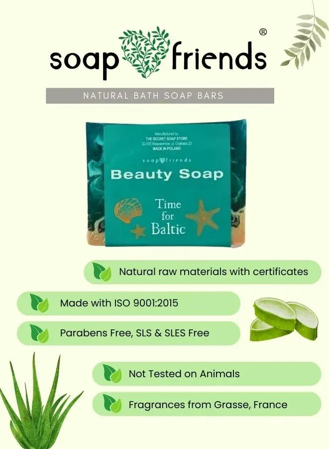 Soap bar with 'soap friends' branding and product details on a white background