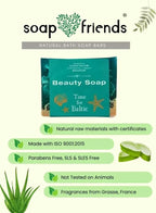 Soap bar with 'soap friends' branding and product details on a white background