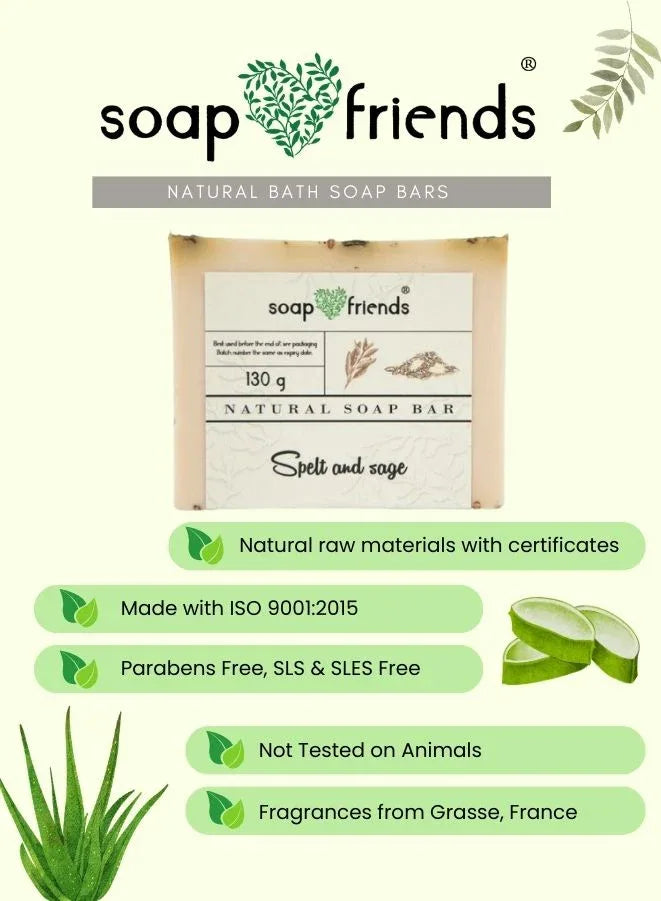Soap Friends natural bath soap bar with product details on a light green background