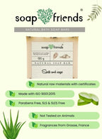 Soap Friends natural bath soap bar with product details on a light green background