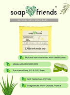 Soap Friends natural bath soap bar with product details on a white background