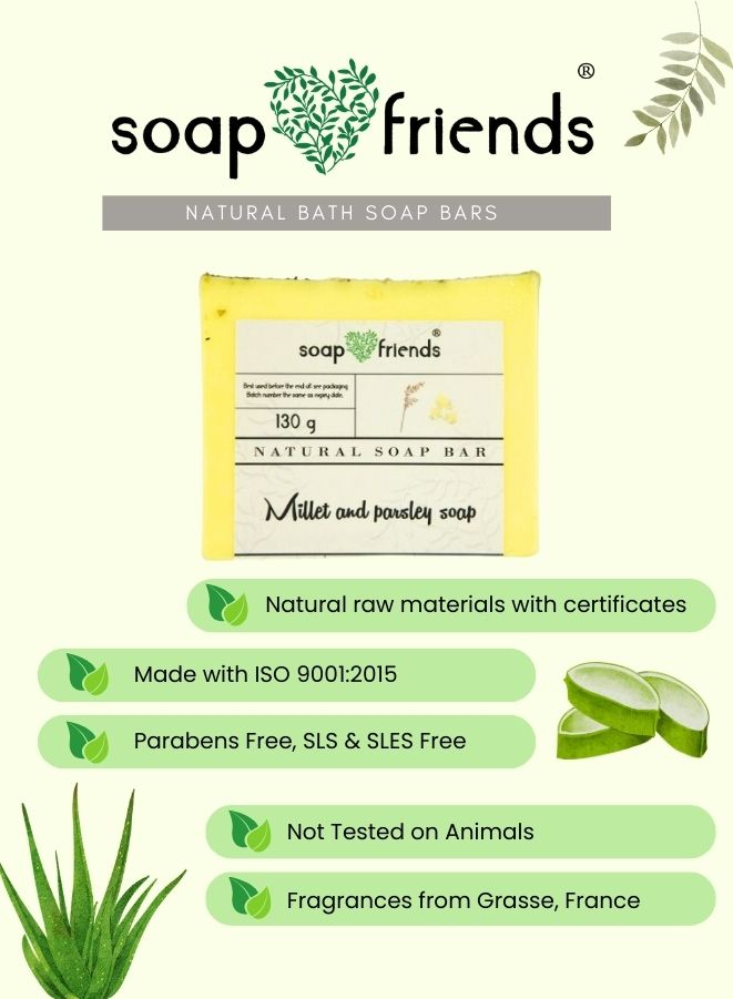 Soap Friends natural bath soap bar with product details on a white background
