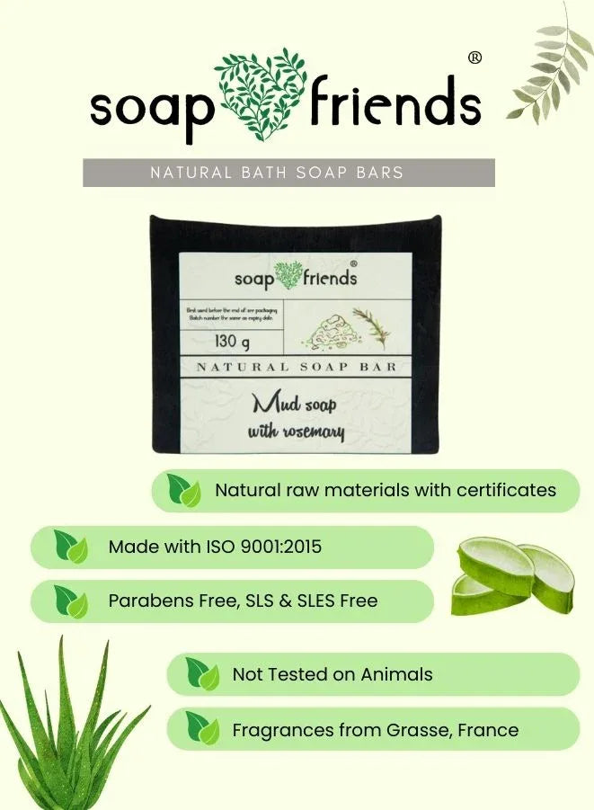 Soap Friends natural bath soap bar with product details on a light green background