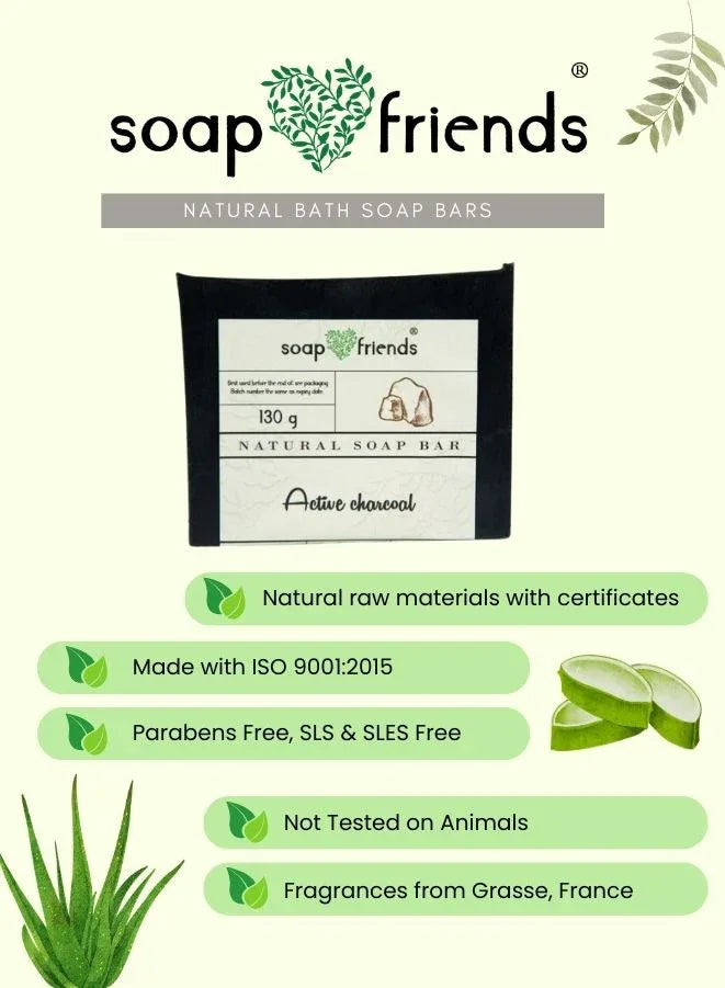 Soap Friends natural bath soap bar with product details on a light green background