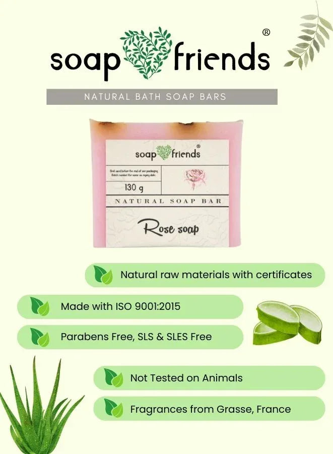 Soap Friends natural bath soap bars packaging with product details on a light green background