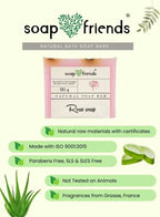 Soap Friends natural bath soap bars packaging with product details on a light green background