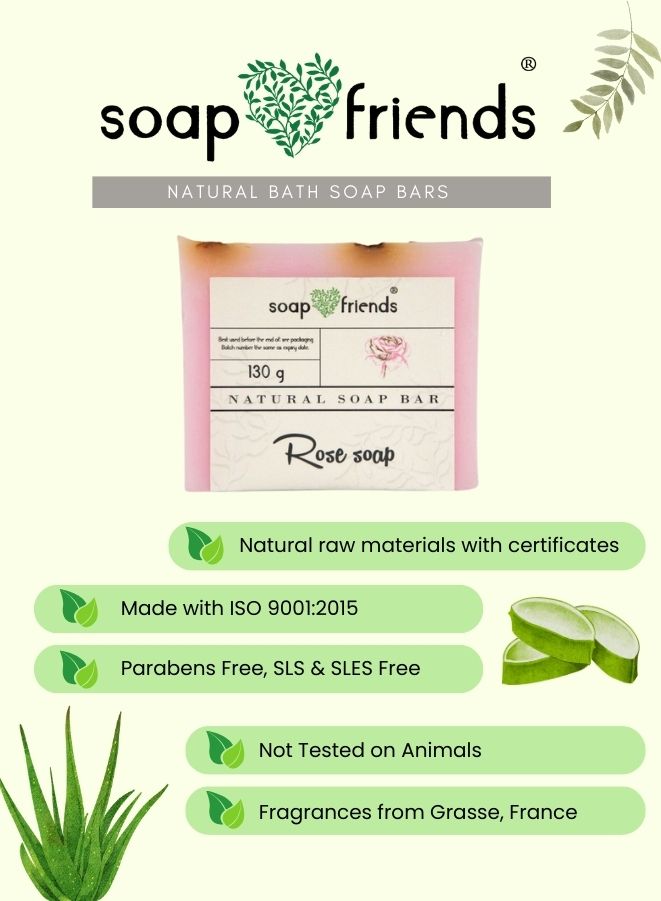 Soap Friends natural bath soap bars packaging with product details on a light green background