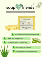 Soap Friends natural bath soap bars with product packaging and features listed.