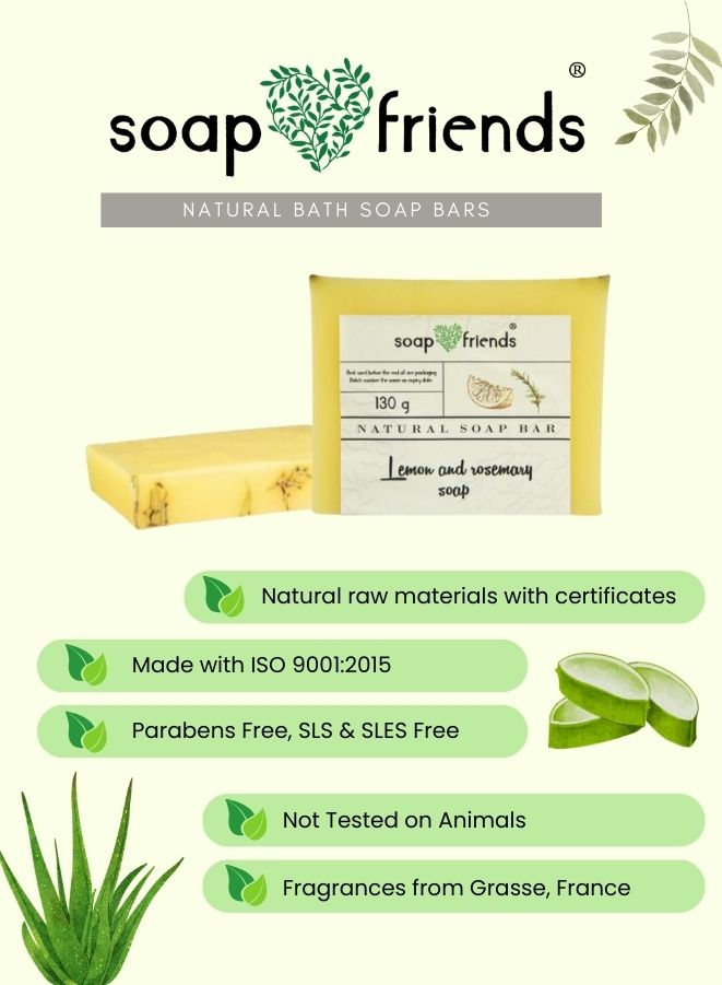 Soap Friends natural bath soap bars with product packaging and features listed.