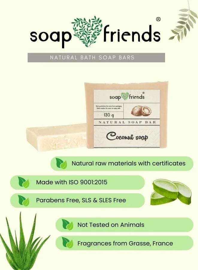 Soap Friends coconut soap bar with product details and greenery on a white background