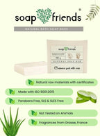 Advertisement for soap friends natural bath soap bars with product benefits listed.