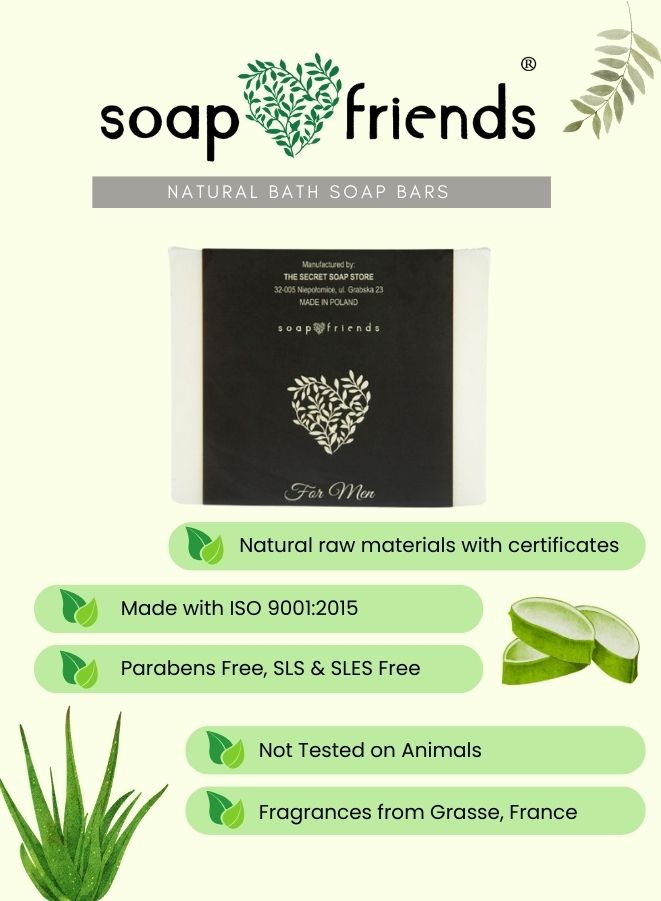 Advertisement for soap friends natural bath soap bars with certification details.
