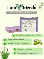 Advertisement for soap friends natural bath soap bars with aloe vera illustration.