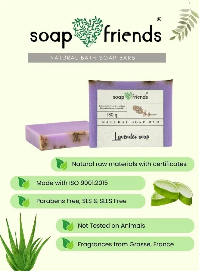 Advertisement for soap friends natural bath soap bars with aloe vera illustration.