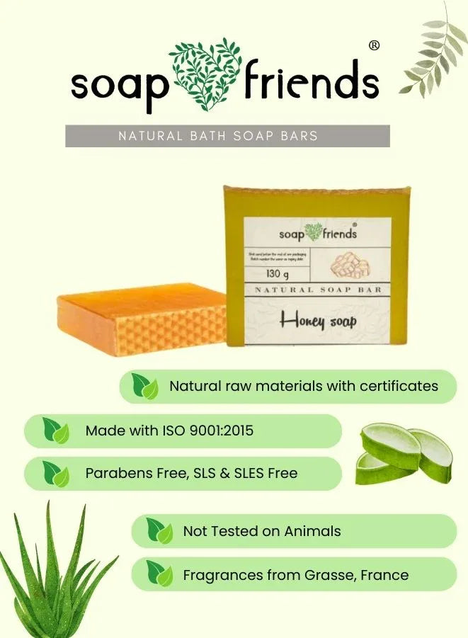 Advertisement for soap friends natural bath soap bars and aloe vera illustration.