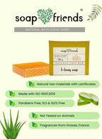 Advertisement for soap friends natural bath soap bars and aloe vera illustration.