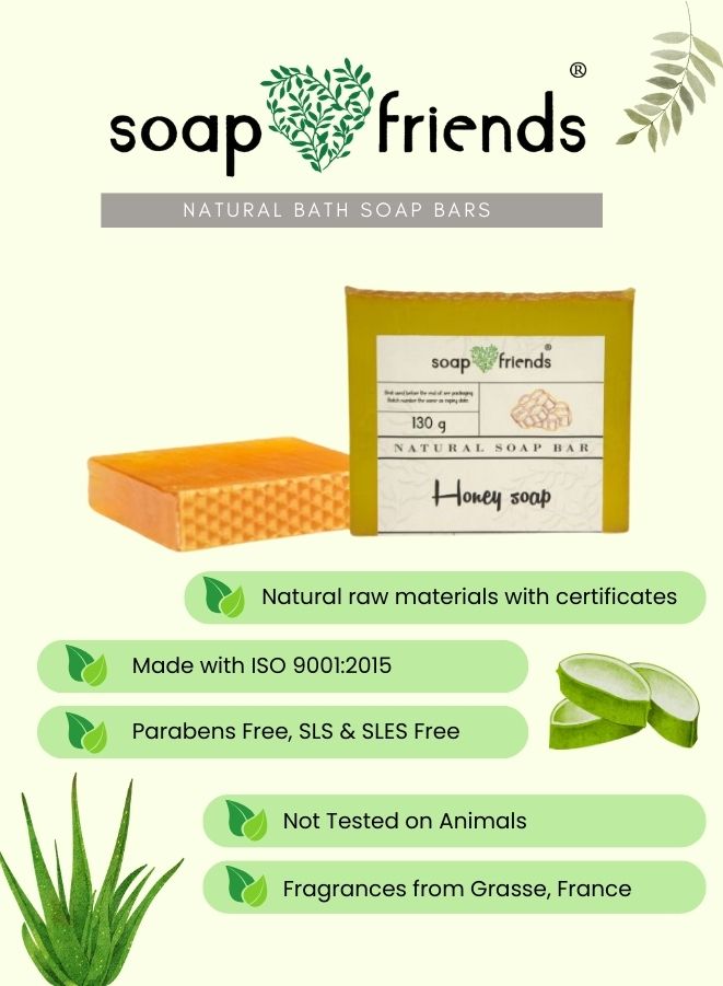 Advertisement for soap friends natural bath soap bars and aloe vera illustration.