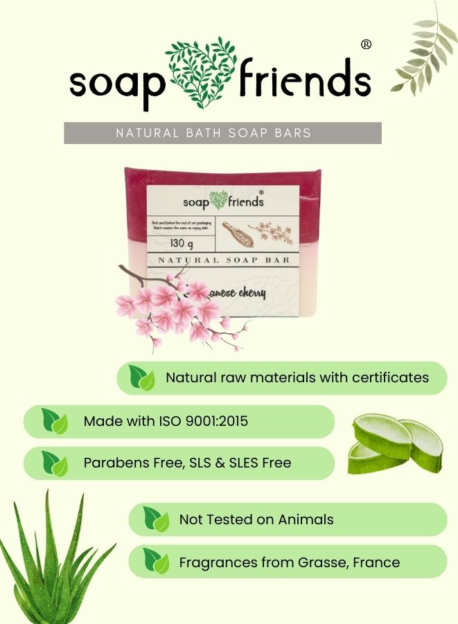Soap Friends natural bath soap bars packaging with product details on a white background