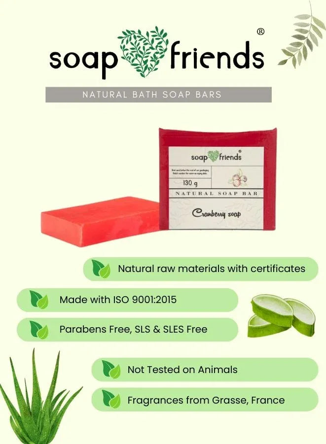 Advertisement for soap friends natural bath soap bars with product packaging and aloe vera illustration.