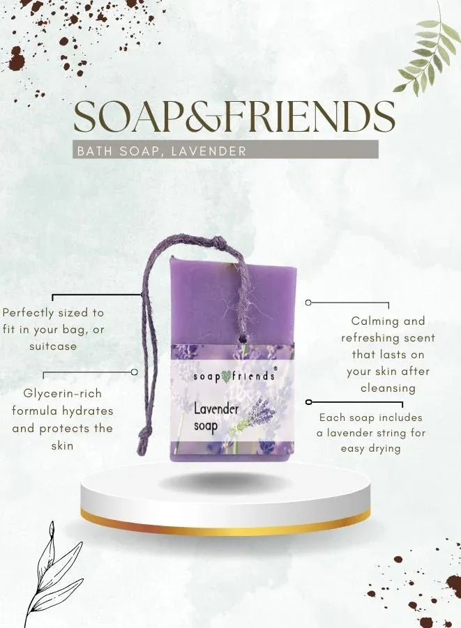 lavender flavor soap bar with features written around it