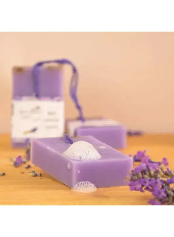 Lavender soap bar with foam on it