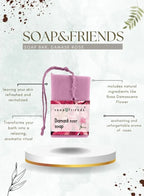 Pink soap bar with features written around it