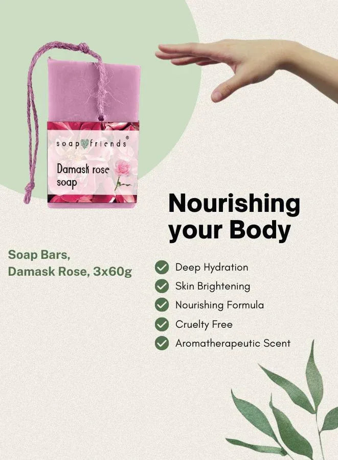 A hand reaching to a pink soap bar with some features written as points