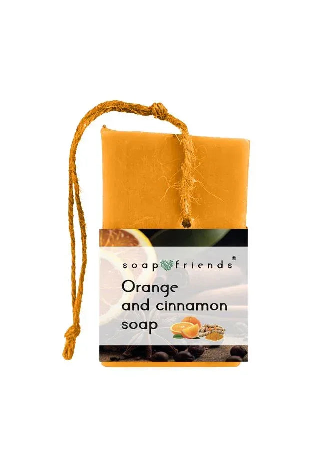 Orange and cinnamon soap with a rope on a white background, branded as 'soap friends'.