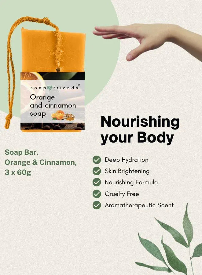 Orange and cinnamon soap bar with a hand reaching out, labeled 'Soap Friends', on a light green background.