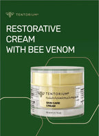 Tentorium restorative cream with bee venom on a green background