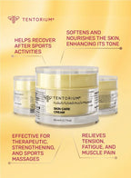 Tentorium skin care cream jar with product benefits on a yellow background