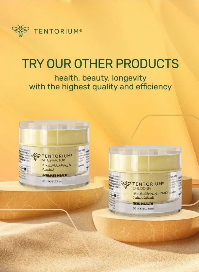 Two jars of Tentorium products on a yellow background with promotional text.