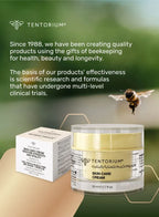 Tentorium skin care cream and packaging with a bee and green background