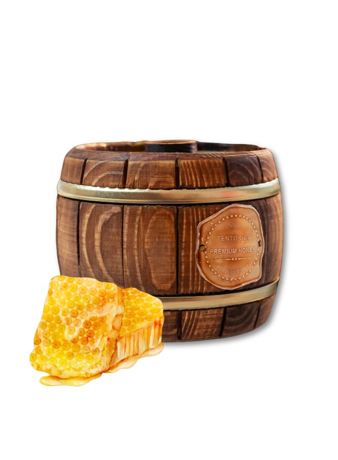 Wooden barrel-shaped container with honeycomb on a white background